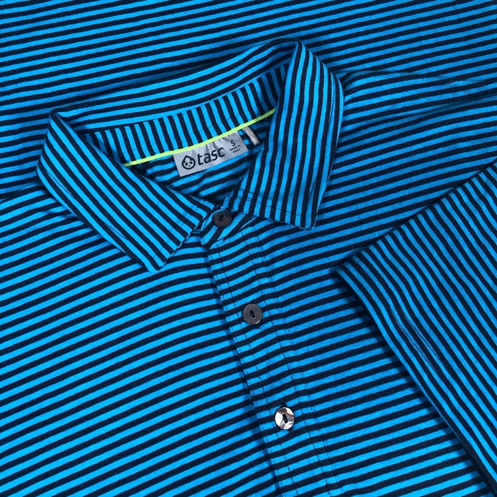 Tasc Performance Polo‎ Shirt Mens S Blue Black Stripe Organic Cotton Bamboo Golf